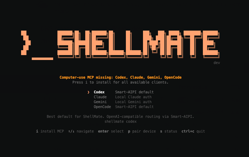 ShellMate TUI — provider selection, MCP install, pairing